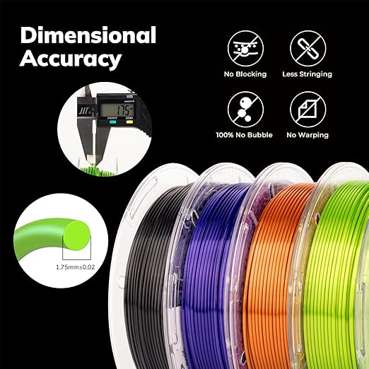 AMOLEN PLA 3D Printer Filament Silk PLA Filament 1.75mm Silk Filament Pack Black/Red Copper/Purple/Neon Green 3D Printing Filament Bundle for Holiday 3D Printing, 200gX 4 Spools - Image 6