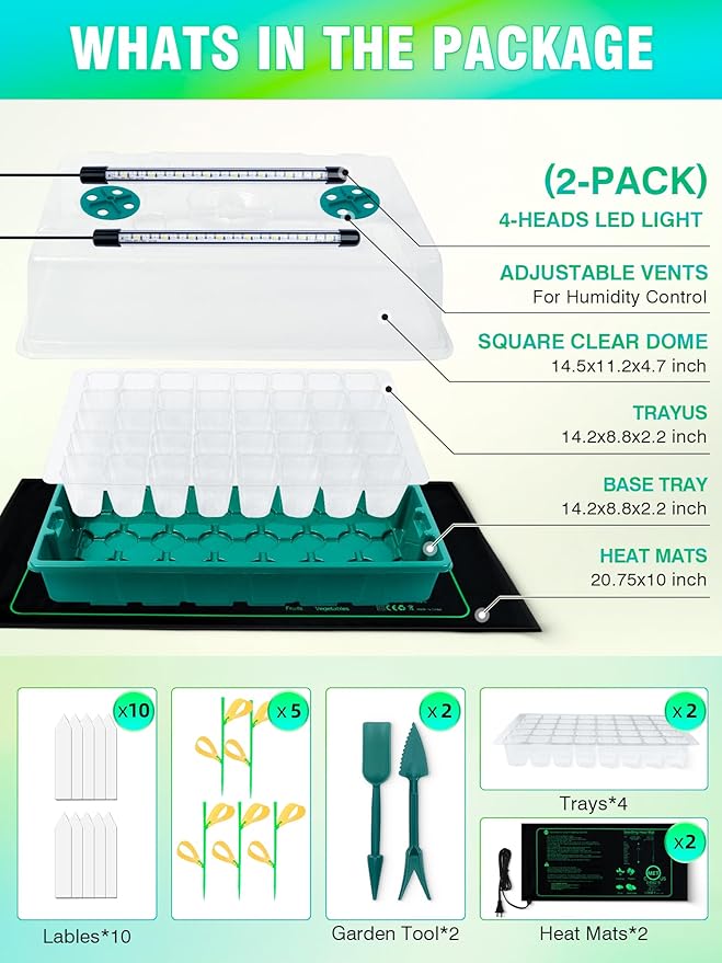 Seed Starter Tray with Grow Lights and Heat Mat, 3-in-1 Soil Meter, 80-Cell Seed Growing Tray, Germination & Plant Propagation Station for Indoor Plants 2-Pack - Image 3