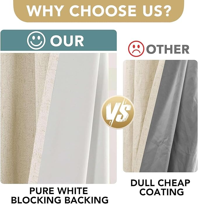H.VERSAILTEX Linen Curtains 100% Blackout Curtains for Bedroom 90 inch Long Full Light Blocking Nature Linen Blended Window Curtains for Living Room Nickel Grommet (2 Panels, Bleached Sand) - Image 3