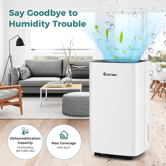 COSTWAY Dehumidifier for Large Room and Basements, Portable 30 Pints Dehumidifier with 3 Modes, 2 Speeds, Low Noise, 24H Timer, Auto or Manual Drainage - Image 7
