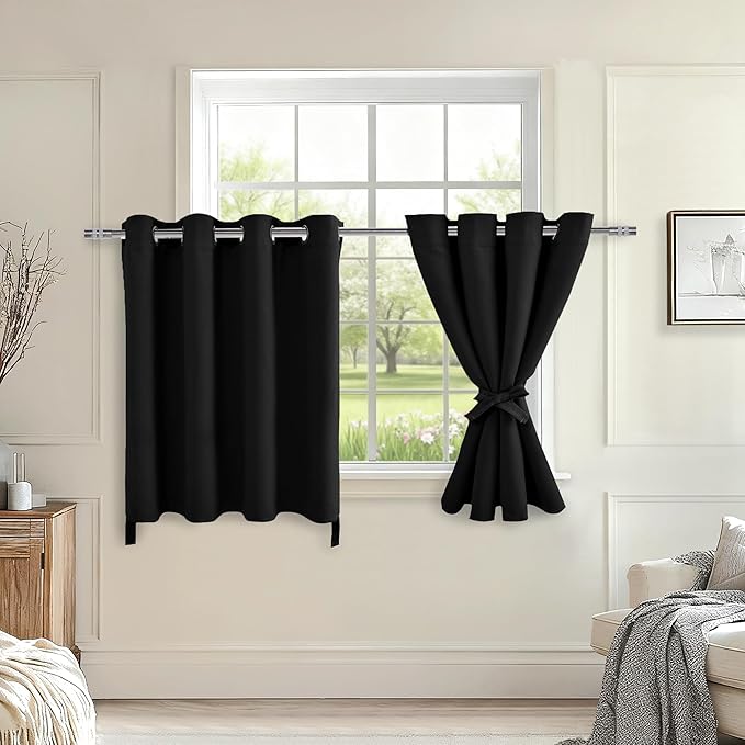 Hiasan RV Blackout Curtains for Bedroom, 52 x 36 Inches Long - Thermal Insulated & Light Blocking Window Curtains for Living Room, 2 Drape Panels Sewn with Tiebacks, Black by Hiasan