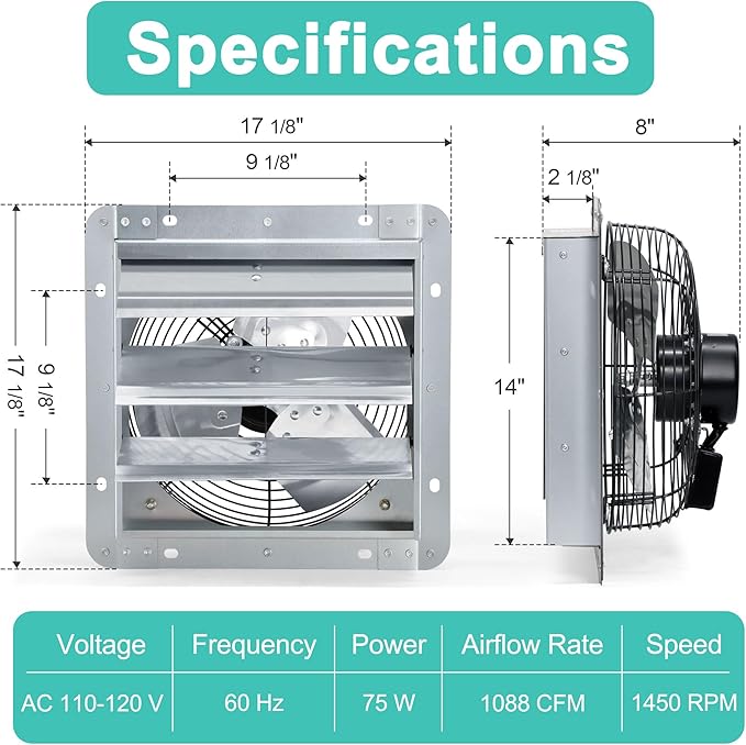 14 Inch Shutter Exhaust Fan, Wall Mount Attic Fan with Power Cord for Greenhouses, Sheds, Garages, Chicken Coops, Barns Ventilation, 1088 CFM High Power - Image 2