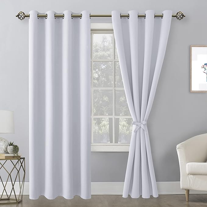 Hiasan Blackout Curtains for Bedroom, 52 x 84 Inches Long - Thermal Insulated & Energy Saving Window Curtains for Living Room, 2 Drape Panels Sewn with Tiebacks, Greyish White - Image 2