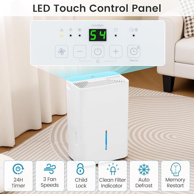 DORTALA 65 Pints Energy Star Dehumidifier for 5000 Sq.Ft Large Rooms, Basement, Bathroom, Home Dehumidifier with Drain Hose, 2 Modes, 24H Timer, 1.4 Gal Water Tank, Auto Defrost, White - Image 4