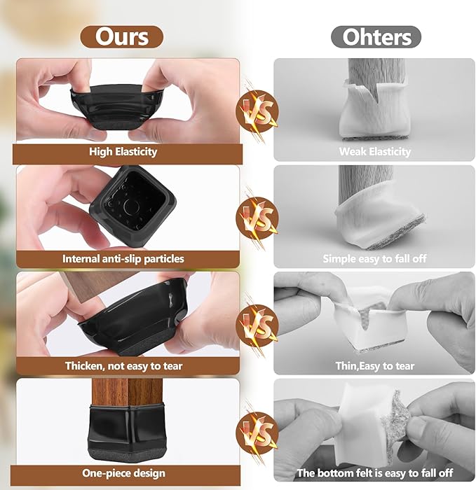 16Pcs Square Chair Leg Floor Protectors with Thickened Felt Pads Silicone Chair Leg Covers Caps to Protect Hardwood Tile Floors Furniture Feet Reduce Noise (Black L Fit 1.14"-1.42") - Image 3