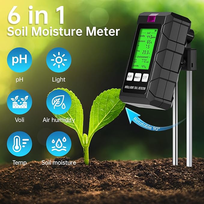 6 in 1 Soil Tester Digital Moisture Meter with Dual Probe, pH/Temperature/Moisture/Sunlight/Air Humidity/Fertility, Soil pH Tester for Farming, Gardening, Lawns and More (2*AAA Battery Needed) - Image 2