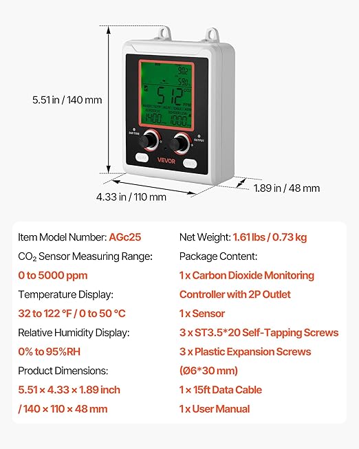 VEVOR Carbon Dioxide Monitoring Controller, Dual Outlets Carbon Dioxide Controller, CO2 Meter Monitor Day and Night Detection Feature, NDIR CO2 Sensor for Green House, Laboratories, Classrooms, Home - Image 7