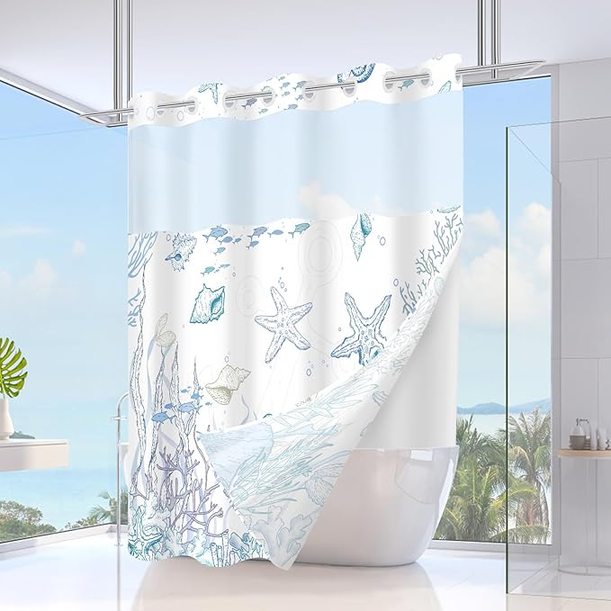 Stall No Hook Shower Curtain with Snap in Liner, Beach Ocean Nautical Coastal Shower Curtains and Liner Set for Bathroom, Seashell Fabric Bath Curtain, Waterproof Washable, Blue 54" x 80" - Image 2