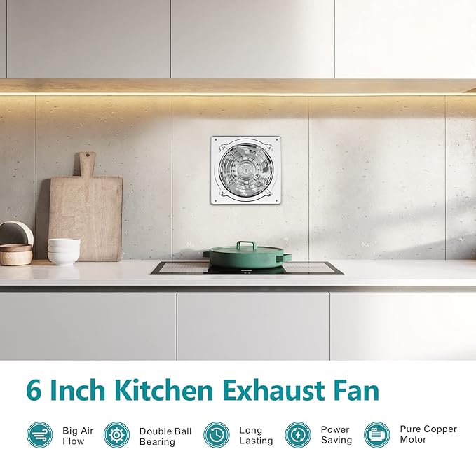 HG Power 6 Inch Exhaust Fan: Kitchen Exhaust Fans with Power Cord Attic vent Fan with Damper Wall Small Fume Extractor Ventilation Fan for Shop Chicken Coop Basement Smoking Room Garage Silver - Image 9