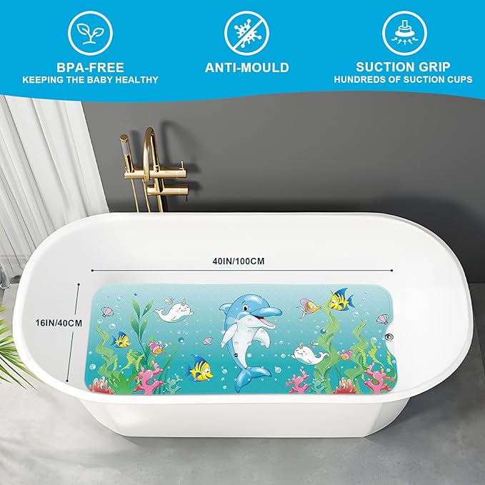 XIYUNTE Baby Bath Mat for Tub Non Slip Kids Bath Mat - 40''x16'' Extra Long Cartoon Bathtub Mat Non Slip Kids Shower Mat Eco-Friendly Toddler Bath Mats with Suction Cups, Machine Washable - Image 3