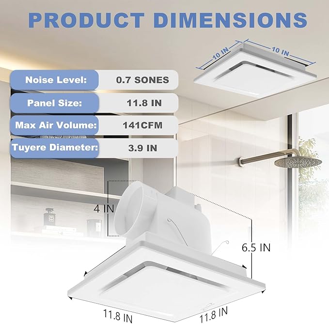 Bathroom Fan Ceiling Mount Exhaust Ventilation,141 CFM 0.7 Sones,4 Inches Duct,White,Very Quiet Ventilation and Exhaust Fan (No LED Lights) - Image 2