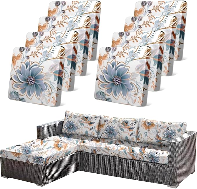 8Pcs High Elastic Digitally Printed Sofa Seat Cushion Cover, Soft & Comfortable Reusable Floral Print Stretch Couch Cushion Slipcover for Outdoor Furniture Protector Replacement, All-Season by CALBODE