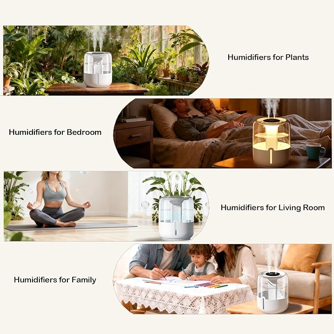 Humidifiers for Bedroom-Cold Mist Humidifier with Double Nozzle,3 Gear and Night Light,Easy to Fill & Clean,Quiet Cool Mist Air Humidifier for Plants, Office,Bedroom and Home Baby Nursery (Beige) - Image 4