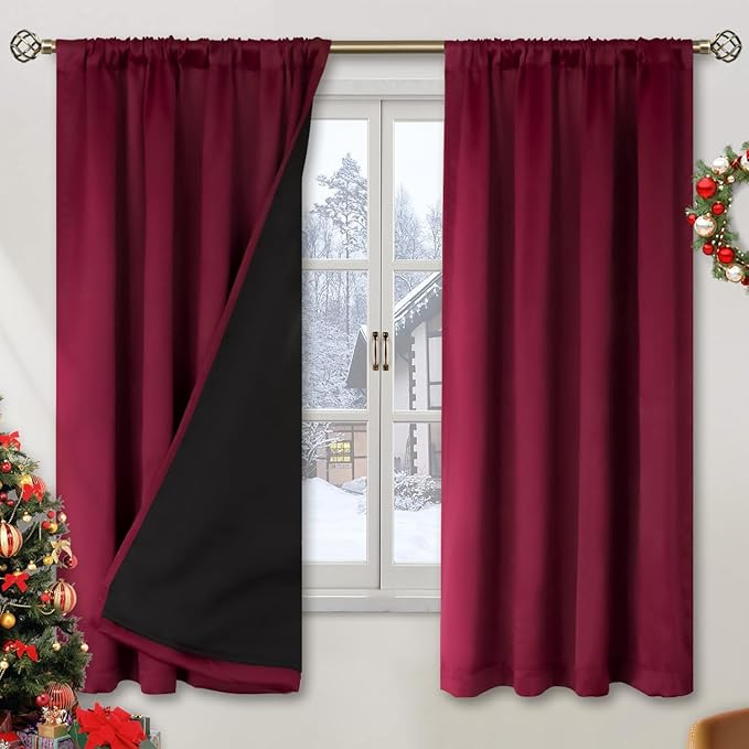 BGment Christmas Red Blackout Curtains for Bedroom 63 Inch Length, Rod Pocket 100% Blackout Curtains with Thermal Liner Decorate Curtains for Living Room, Each Drapes 2 Panels, 42 x 63 Inch by BGment