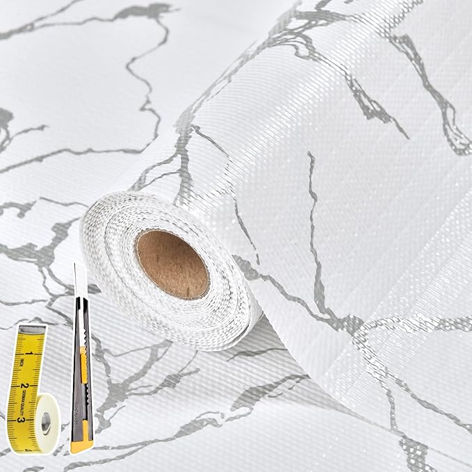 Drawer and Shelf Liner for Kitchen Cabinet: 23.6 in X 20 Ft Non Slip Waterproof Shelf Paper Non Adhesive Refrigerator Liners Silver Marble Easy Liners for Bathroom with Knife Tape Measure by Kimhan