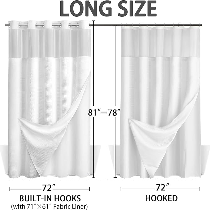 No Hook Shower Curtain and Liner Set,White Hotel Waffle Shower Curtain with Liner 81" L x 72" W - Image 6