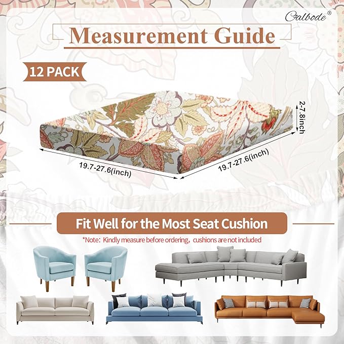 12Pcs High Elastic Digitally Printed Sofa Seat Cushion Cover, Soft & Comfortable Reusable Floral Print Stretch Couch Cushion Slipcover for Outdoor Furniture Protector Replacement(Cover Only - Image 2