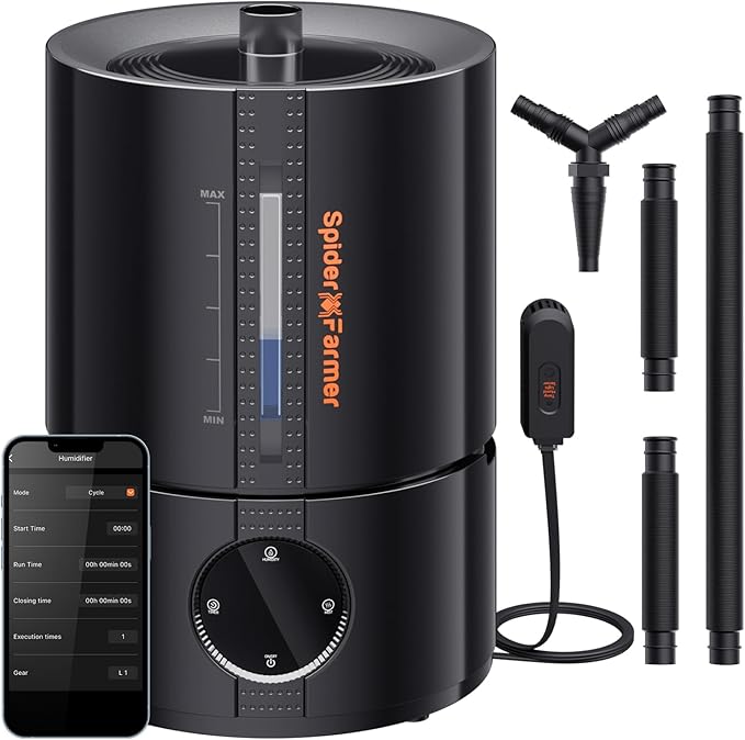 Spider Farmer New 450ml/h Humidifier for Plants Grow Tent Large Room, GGS Smart Customized Humidity Control Cool Mist with Extendable Targeting Hose and Temp & Humidity Probe Indoor Black 5L (Upgrade) by SpiderFarmer
