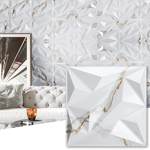 Art3dwallpanels 33 Pack 3D Wall Panel Diamond for Interior Wall Décor, PVC Textured Wall Panels, 12''x12'' Cover 32.Sq.Ft. Gold Veined White by Art3dwallpanels