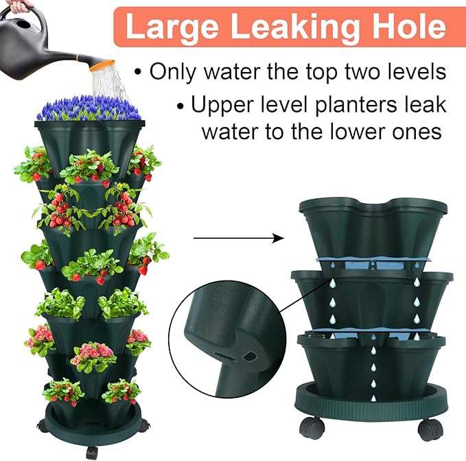 DUNCHATY Stackable Planter, Vertical Garden Planter with Wheels and Tools, Self Watering Strawberry Planter Indoor/Outdoor 7 Tier Herb Planter Pots for Growing Vegetables and Succulents,Pine Green - Image 4