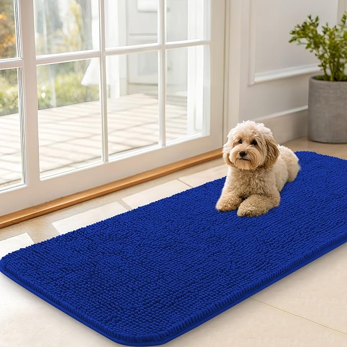 OLANLY Dog Door Mat for Muddy Paws 47x20, Absorbs Moisture and Dirt, Absorbent Non-Slip Washable Doormat, Quick Dry Chenille Mud Mat for Dogs, Entry Indoor Entryway Carpet for Inside Floor, Royal Blue by OLANLY