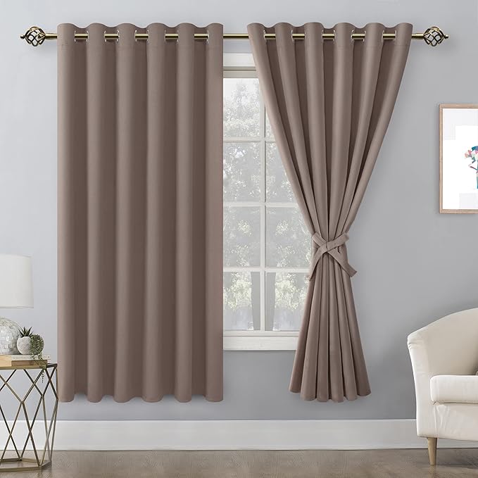 Hiasan Grommet Blackout Curtains for Bedroom, 70 x 63 Inches - Thermal Insulated & Light Blocking Window Drapes for Living Room/Dorm Room, Set of 2 Panels Sewn with Tiebacks, Tan - Image 2