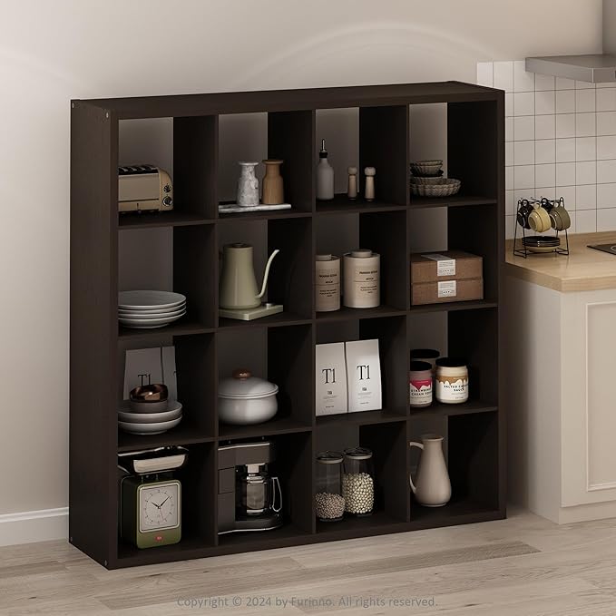 Furinno Simple Cube Storage Organizer, 16-Cube Display Shelf, Open Back Shelving Unit, Storage Shelves, Extra Thick Frame, for Organization and Storage, Living Room, Home Office, Dark Oak - Image 2