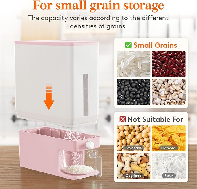 Lifewit Rice Dispenser 25 Lbs(11.3kg), Rice Storage Container Sealed Moisture Proof with Measuring Cup for Kitchen Pantry Household, BPA-Free, 1 Pack Pink - Image 6