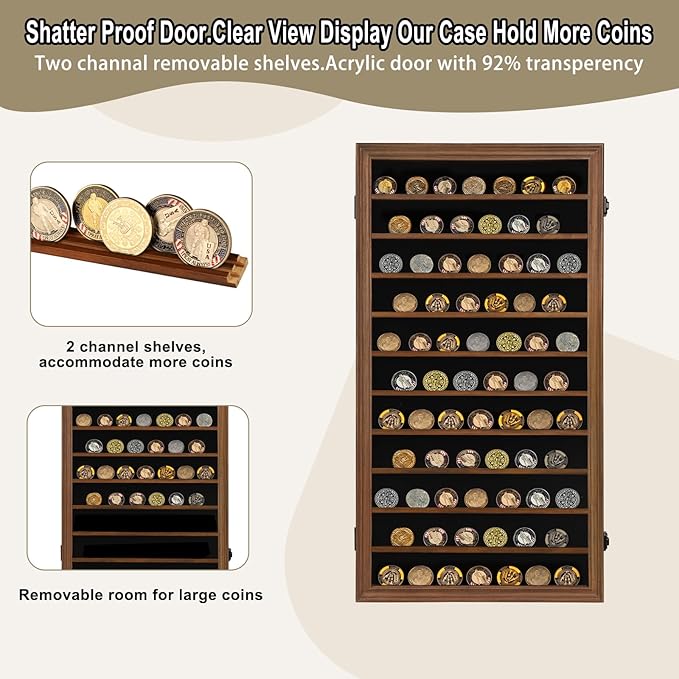 Jinchuan Military Challenge Coin Display Case Lockable Cabinet Rack Shadow Box with Removable 2 Grooves Shelves and Anti Fade Acrylic Glass for Casino Poker Chips Collectibles, Extra Large - Walnut - Image 3