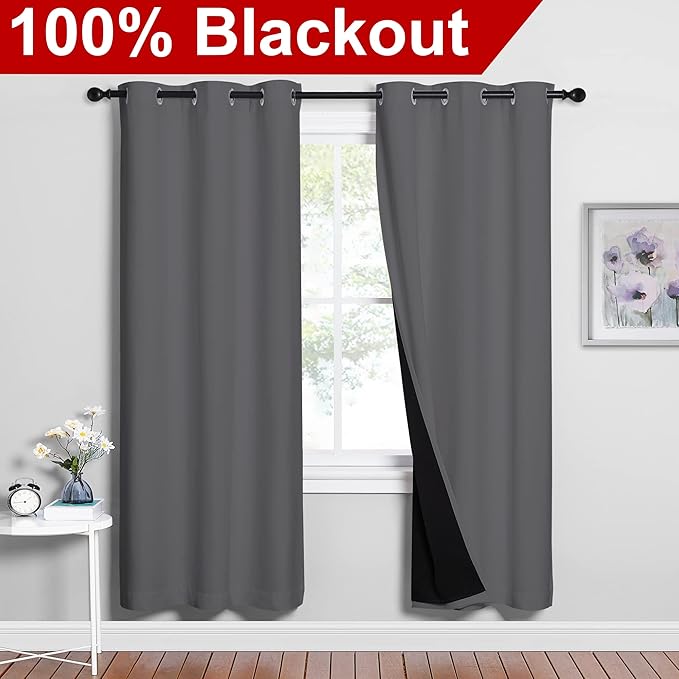 NICETOWN Grey Full Shade Curtain Panels, Pair of Energy Smart & Noise Blocking Out Blackout Drapes for Dining Room Window, Thermal Insulated Guest Room Lined Window Dressing(Gray, 42 x 72 inch) - Image 2