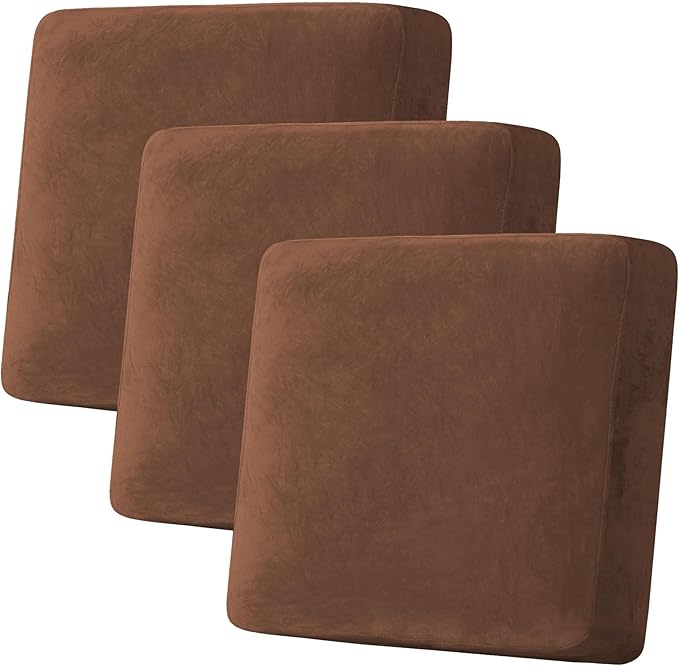 H.VERSAILTEX Velvet Stretch Couch Cushion Cover Plush Cushion Slipcover for Chair Loveseat Sofa Cushion Furniture Protector Seat Cushion Sofa Cover (3 Piece XL Sofa Cushion Covers, Caramel) by HVERSAILTEX