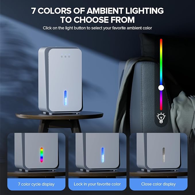 Dehumidifier for Home, 1000 sq.ft Dehumidifier with Auto Shut Off, 7-Color LED Light Built-in Aromatherapy Diffuser, Ultra-Quiet Dehumidifiers for Bedroom, Bathroom, Basement (White) - Image 4