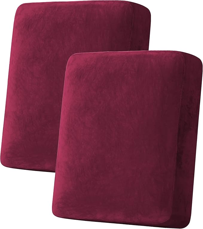 H.VERSAILTEX Velvet Stretch Couch Cushion Cover Plush Cushion Slipcover for Chair Loveseat Sofa Cushion Furniture Protector Seat Cushion Sofa Cover (2 Piece Medium Sofa Cushion Covers, Burgundy) by HVERSAILTEX