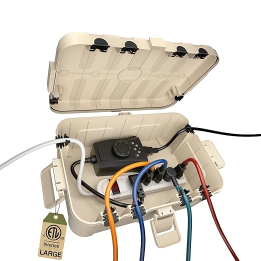 Flemoon Outdoor Electrical Box Waterproof, IP54 Waterproof Extension Cord Cover, Protect Outlet, Plug, Socket, Timer, Power Strip, Holiday Light, Large Weatherproof Connection Box, Almond by FLEMOON