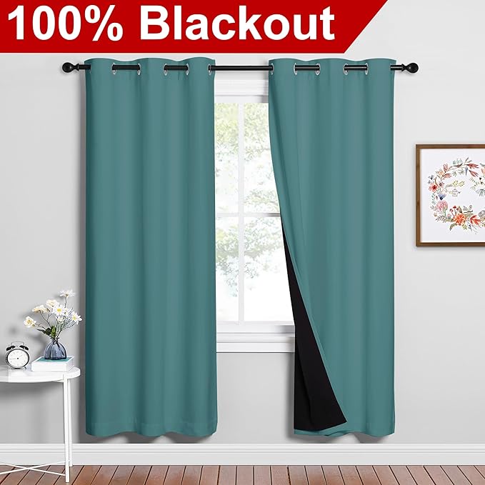 NICETOWN Sea Teal Full Shade Curtain Panels, 37" Wide x 70" Long, Sea Teal, Pair of Thermal Insulated & Energy Efficiency Blackout Drapes for Living Room, Lined Silky Performance Window Dressing - Image 2