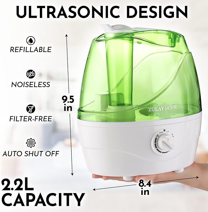 Zulay Home Cool Mist Humidifiers For Bedroom (2.2L Water Tank) - Quiet Ultrasonic Humidifiers For Large Room with Auto Shutoff Feature - Air Humidifier For Plants, Nursery, Kids Room (Green) - Image 5