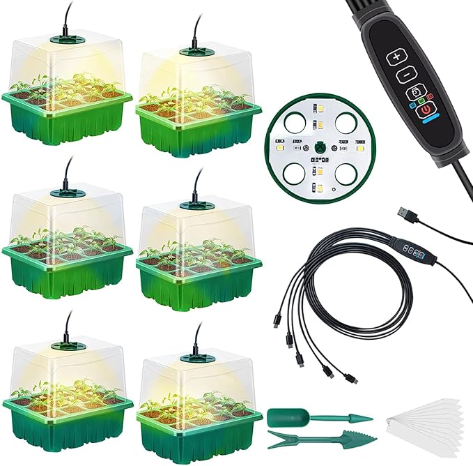 Seedling Starter Tray 6 Packs Seed Starter Tray with Grow Light, Smart Controller Seed Starting Trays Kit with Humidity Dome (72 Cells) Indoor Gardening Plant Germination Trays Green by CANNABMALL
