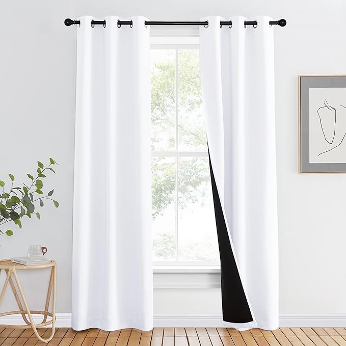 NICETOWN 100% Blackout Window Curtain Panel, Cold and Full Light Blocking Drape with Black Liner for Nursery, 84 inches Drop Thermal Insulated Draperies (White, 1 Piece, 37 inches Wide Each Panel) by NICETOWN