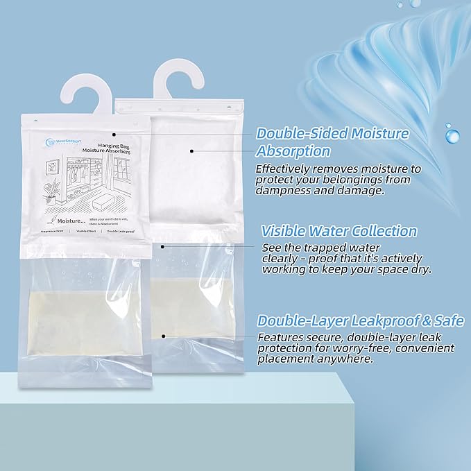 500G 3 Pack Hanging Moisture Absorbers Dehumidifier Bags - 17.6 oz Calcium Chloride Desiccant for Closet, Bathroom, Bedroom – Double Leak-Proof Design & Dual-Sided Absorption - Image 3
