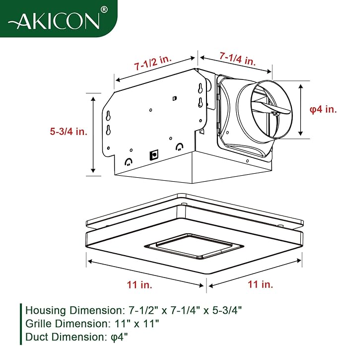 Akicon Bathroom Exhaust Fan with Light, 90 CFM, 1.5 Sones Bath Fan Light Combo, 15W Dimmable 3CCT LED Light with 5W Night Light Ventilation fan for Home, Square, White - Image 5