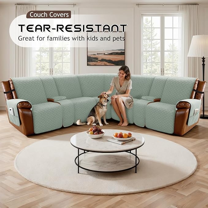 Arfntevss Waterproof Recliner Sectional Couch Covers for Reclining L Shape Sofa Cover Non Slip Washable L Shaped Slipcover Sets for Dog Furniture Protector (5 Seat with 2 Console Cover, Sage Green) - Image 7
