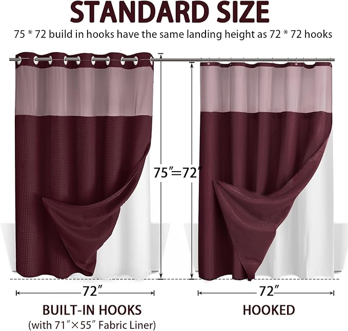 No Hook Shower Curtain and Liner Set,Burgundy Hotel Waffle Shower Curtain with Liner 75" L x 72" W - Image 6