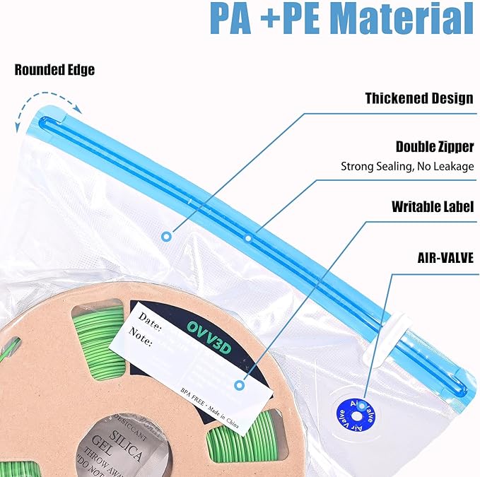 OVV3D Filament Storage Bags 30pcs, Plus Size 32X34cm 3D Printer Filament Storage Bags Vacuum Sealed Kit with 30 Desiccants, Auto Pump,Perfect for 3D Filament Storage or Using After Filament Dryer Box - Image 7