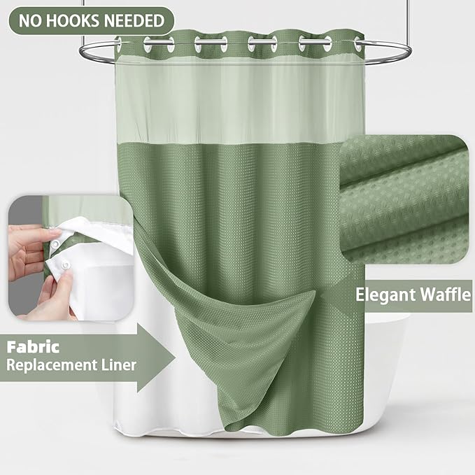 No Hook Shower Curtain and Liner Set,Green Hotel Waffle Shower Curtain with Liner 75" L x 72" W - Image 3