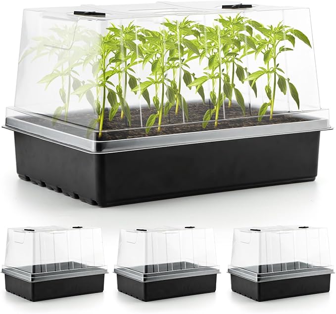 4-Pack Seed Starter Trays with 5'' Tall Humidity Domes – Reusable Plant Germination Kit for Microgreens, Herbs & Indoor Gardening | Clear Vented Lids, Fast Seedling Growth & Durable Design by RooTrimmer