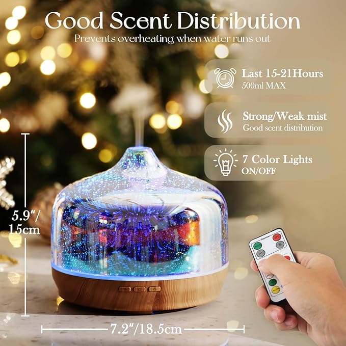 Porseme 500ml Glass Essential Oil Diffuser Aromatherapy Ultrasonic Cool Mist Humidifier 15-21 Running Hours Diffusers with Remote Control for Sleeping Yoga Office Working Spa and Rest - Image 3