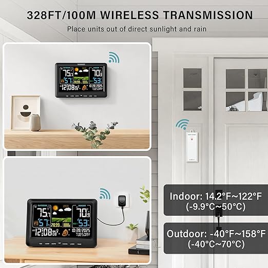 BluSon Weather Station Wireless Indoor Outdoor Thermometer, Color Display Digital Temperature Humidity Monitor with Atomic Clock, Weather Forecast, Adjustable Backlight, Home Weather Statio, Black - Image 5