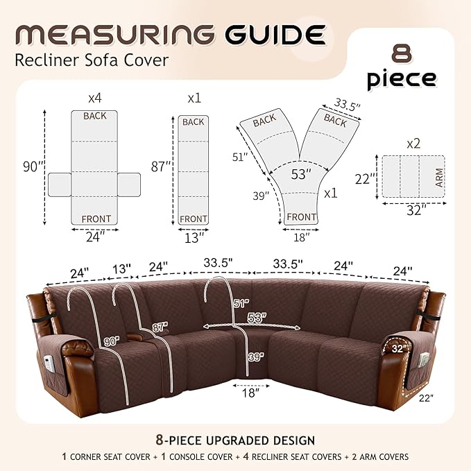 Arfntevss Waterproof Recliner Sectional Couch Covers for Reclining L Shape Sofa Cover Non Slip Washable L Shaped Slipcover Sets for Dog Furniture Protector (5 Seat with 1 Console Cover, Dark Brown) - Image 5