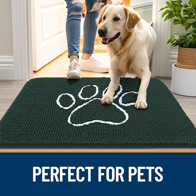 OLANLY Dog Door Mat for Muddy Paws 59x35, Paw Print Design, Absorbs Moisture and Dirt, Absorbent Non-Slip Washable Doormat, Quick Dry Chenille Mud Mat, Entry Indoor Entryway Carpet, Blackish Green - Image 6