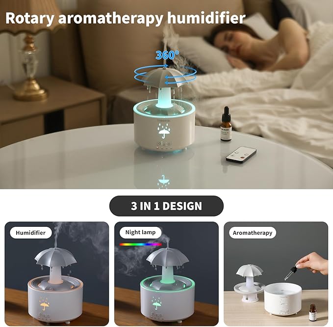 Humidifiers for Bedroom,Aromatherapy Essential Oils Diffuser,Quiet Ultrasonic Clouds and Cool Mist Humidifier, 7 Colors Breathing LED Light,Rotating Umbrella Rain Drops,Ideal Holiday Gifts for Home - Image 2